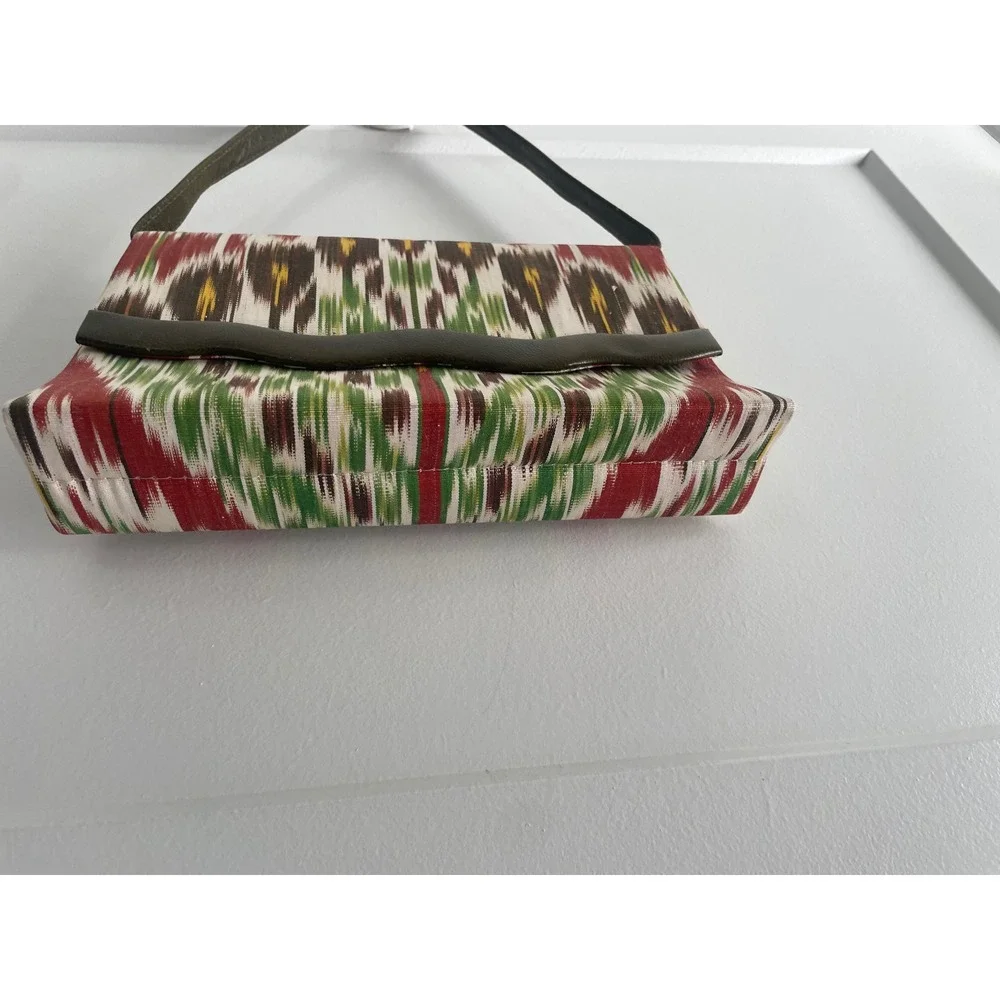 Vintage Ikat Woven Shoulder Bag Multi Color Pattern with Olive Leather Trim